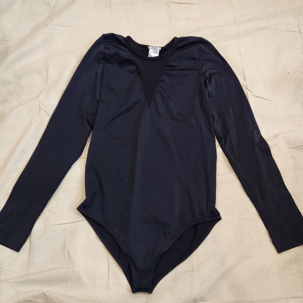 Wolford Synergy Mix Bodysuit Black Sheer Mesh Long Sleeve L Large Thong Modern